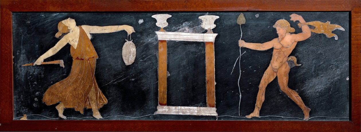 Roman kunst: “” Dansen fra en menade og en satyre i nærheden af et lille tempel ”” ”Marquetry fra Pompeji. Svag. 23x67 cm Museo Archeologico Nazionale, Napoli af Roman