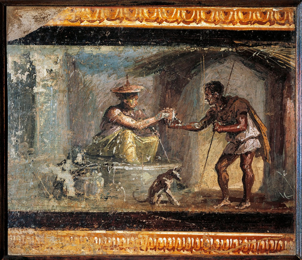 Romersk kunst: "" Den rejsende og tryllekunstneren"" Romersk fresko fra villaen dei Dioscuri i Pompei. 1. århundrede e.Kr. Bevar på Napoli National Archaeological Museum. - Romersk kunst: Den rejsende og tryllekunstneren. Kvinde tilbyder en drink til en re af Roman