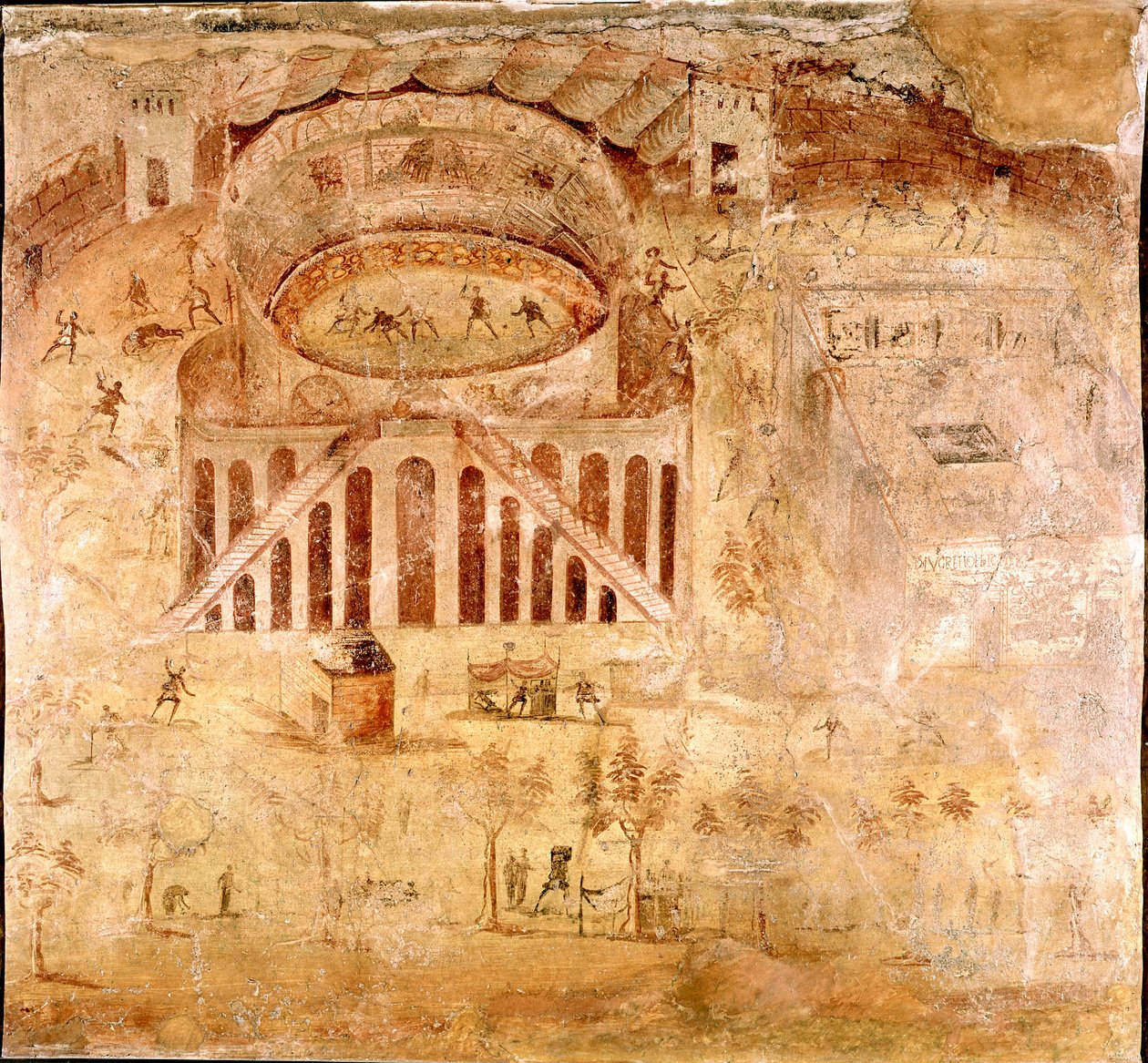 Romersk kunst: "" Voldelig kamp mellem indbyggerne i Nocera og pompeierne i amfiteatret i Pompei i 59 e.Kr."" Detalje af en fresco. 1. århundrede e.Kr. Fra Pompei-stedet. Napoli, Museo Archeologico Nazionale af Roman