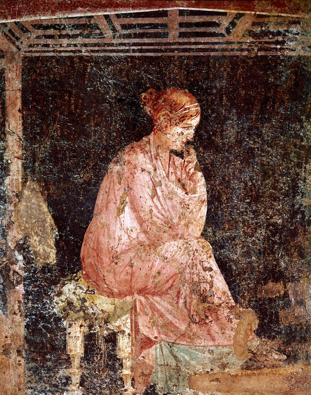 Romersk kunst: "" Ung kvinde sidder"" (Siddende ung dame) Romersk freskomaleri af 3. Pompei-stil fra Pompei (Fresco fra Pompeji) 40-60 e.Kr. af Roman