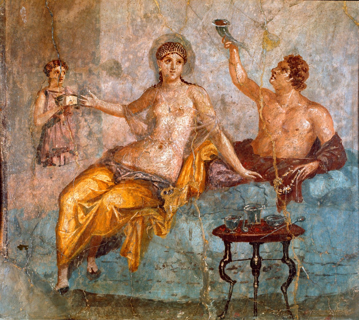 Romersk kunst: banketscene, en ung mand og en kurtisane (en banket i det gamle Rom, en ung mand og en kurtisane) Romersk fresko af 4. Pompeiansk stil fra stedet for Ercolano (Herculanum eller Herculaneum) 60-80 e.Kr. Dim 65x66 cm Præsenteret på National af Roman