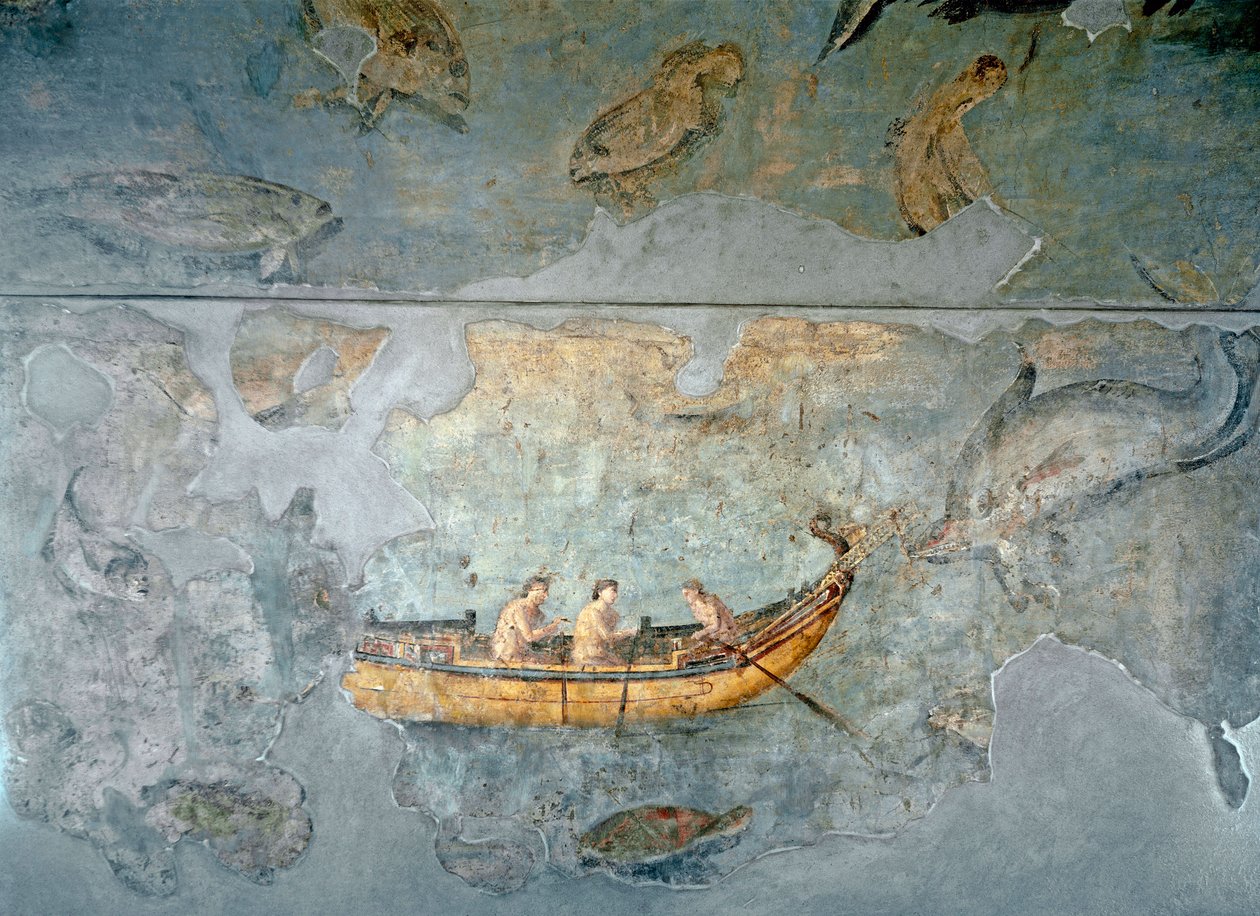 Romersk kunst: "" fiskere på en båd""" Fresko fra et hus beliggende nær en flodhavn i Rom. 131 e.Kr. Rom, Museo Nazionale Romano (o delle Terme) af Roman