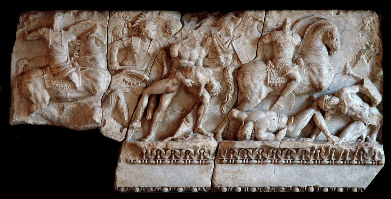 Romersk kunst: fragment af marmorsarkofag, der repræsenterer en kampscene mellem gallere og romere, 20 e.Kr. (romersk kunst: fragment af marmorsarkofag med relief af en kamp mellem romerske og galliske soldater, 20 e.Kr.) Dim 87x173 cm Mantua, Palazzo Duca af Roman
