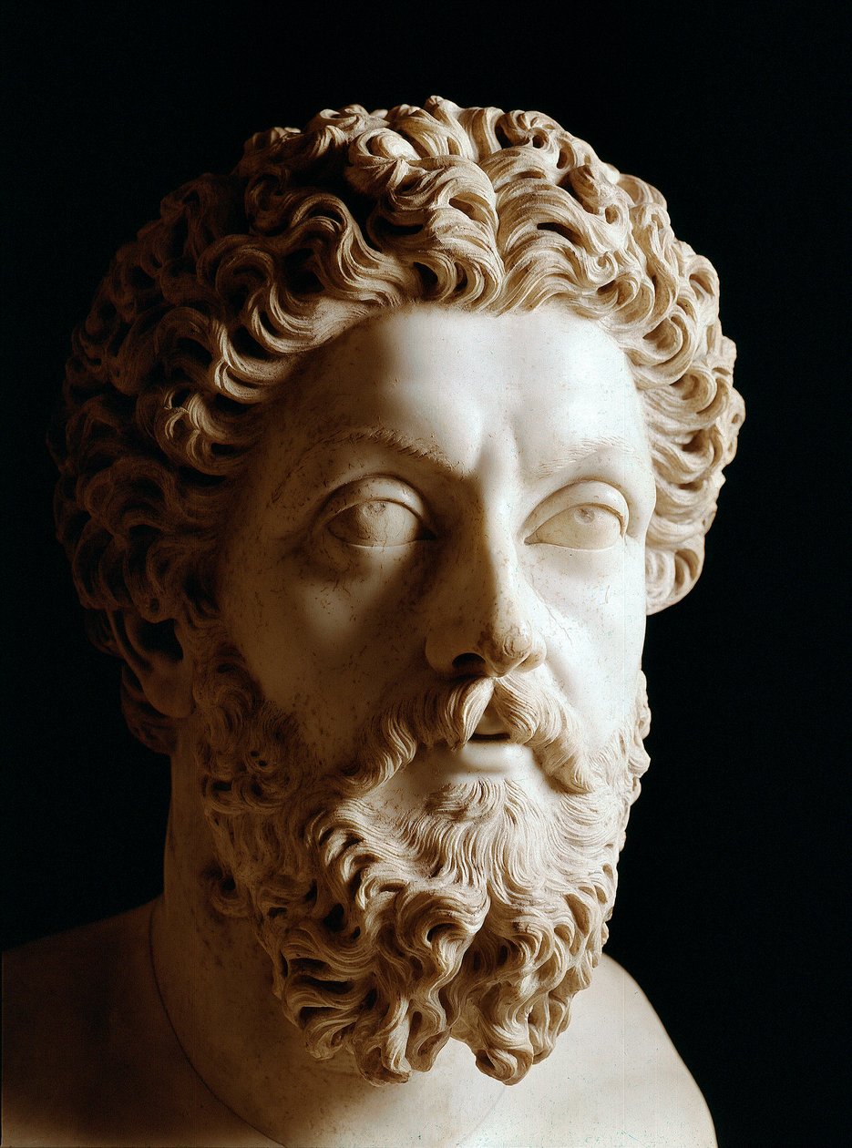 Romersk kunst: leder af den romerske kejser Marc Aurele (120-180 e.Kr.) - Marmorskulptur af Roman