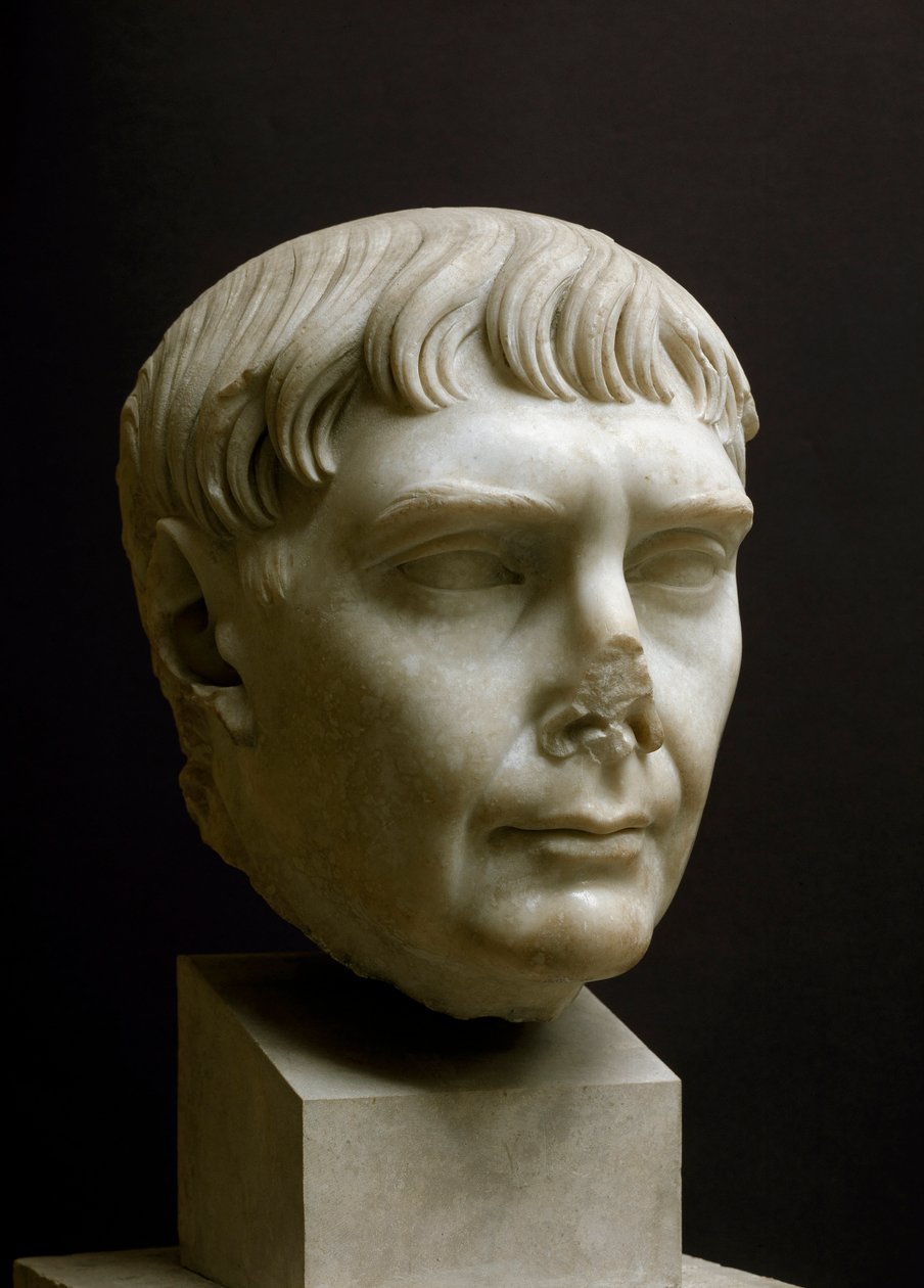 Romersk kunst: "" marmorhoved af kejser Trajanus (Marcus Ulpius Traianus) (53-117 e.Kr.)"" museum i Ostia, Italien - Portræt af kejser Trajanus (Marcus Ulpius Traianus) (53-117 e.Kr.) - Romersk marmorskulptur, Kejsertid, 2. århundrede e.Kr. - Arkæologisk M af Roman