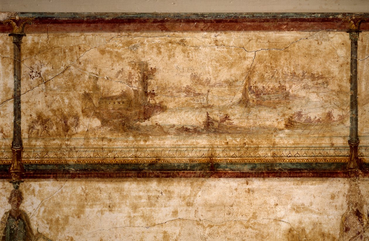 Romersk kunst: "" maritim scene, med birems og triremer "" "Fresco omkring 25-19 f.Kr. Størrelse 73 cm Rom, National Roman Museum (eller Terme) af Roman