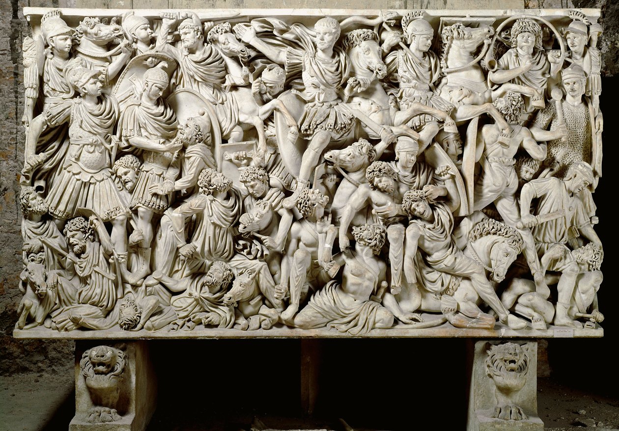 Romersk kunst: sarkofag Ludovisi med kampscene mod romerne til barbarerne - 3. århundrede e.Kr., Dim. 153x273 cm - Rom, Museo Nazionale Romano - Ostiliano, søn af kejser Decius (201-51 e.Kr.) omgivet af kavaleri, fra slaget mellem romerne og af Roman