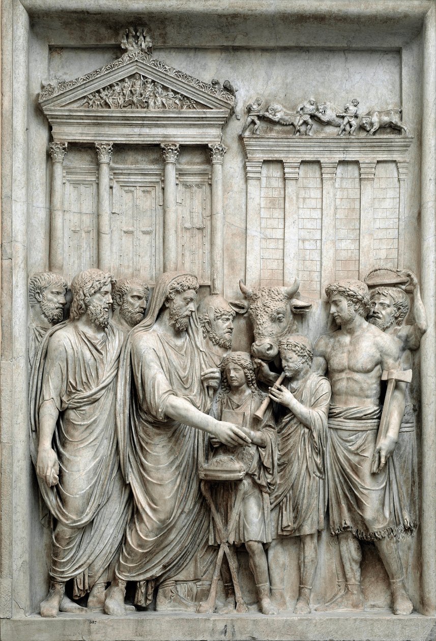 Romersk kejser Marcus Aurelius ofrer foran Jupiters tempel, Rom, ca. 161-180 (marmorrelief) af Roman
