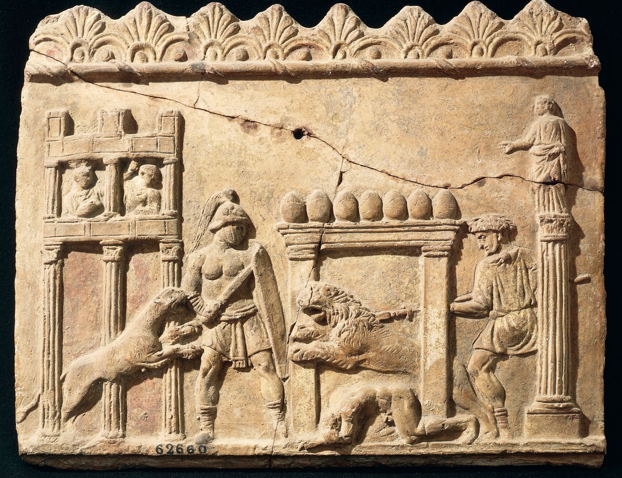 Romersk relief, der viser løver og gladiatorer, der kæmper i cirkus af Roman
