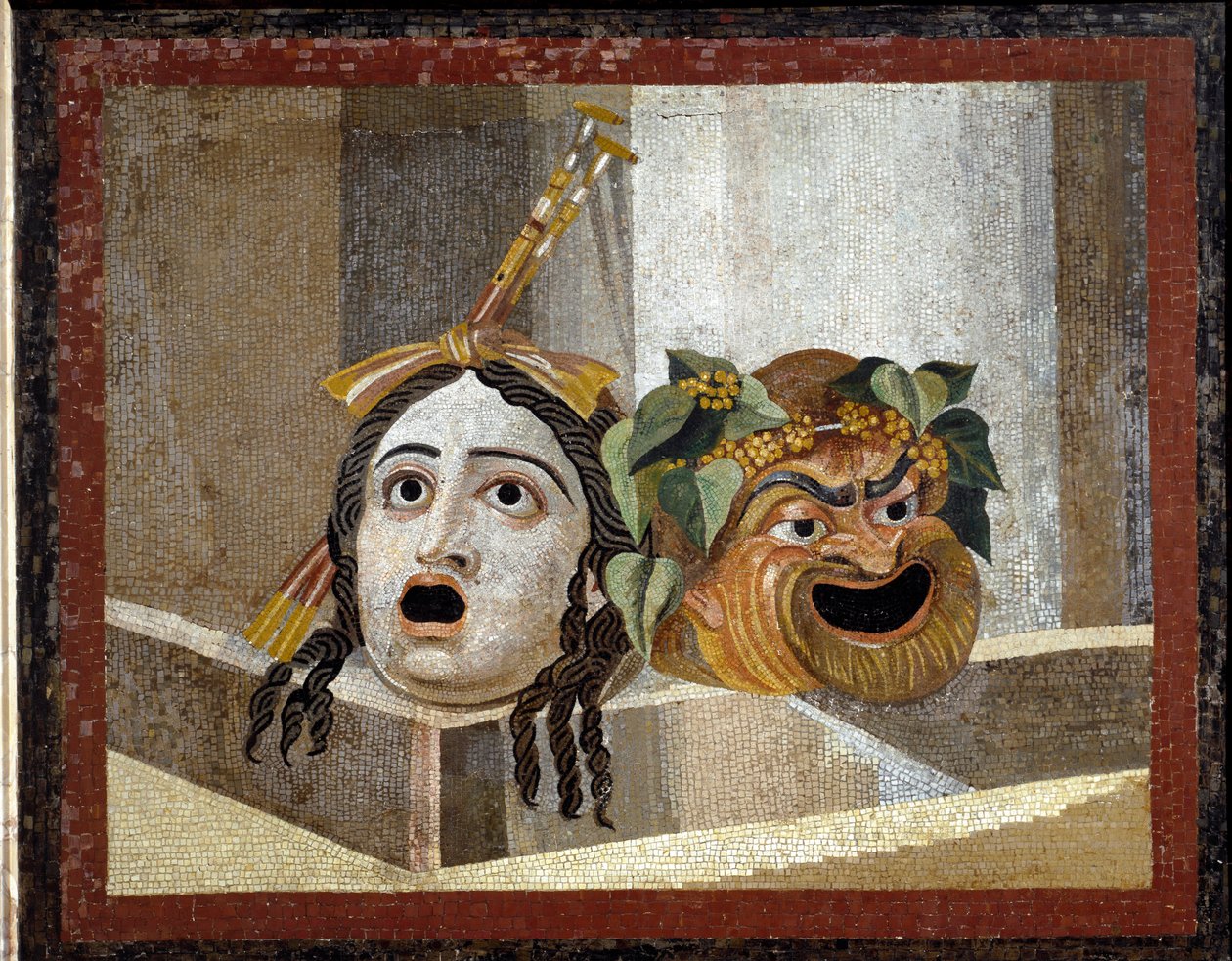 Romerske teatermasker - romersk mosaik, 2d cent. AD, fra Decius-badene på Aventinen, Roma, Italien - Romersk kunst: masker af det romerske teater. Mosaik fra det 2. århundrede e.Kr. - Fra Decius-badene på Aventino, Rom - Musei capitolini, Rom af Roman