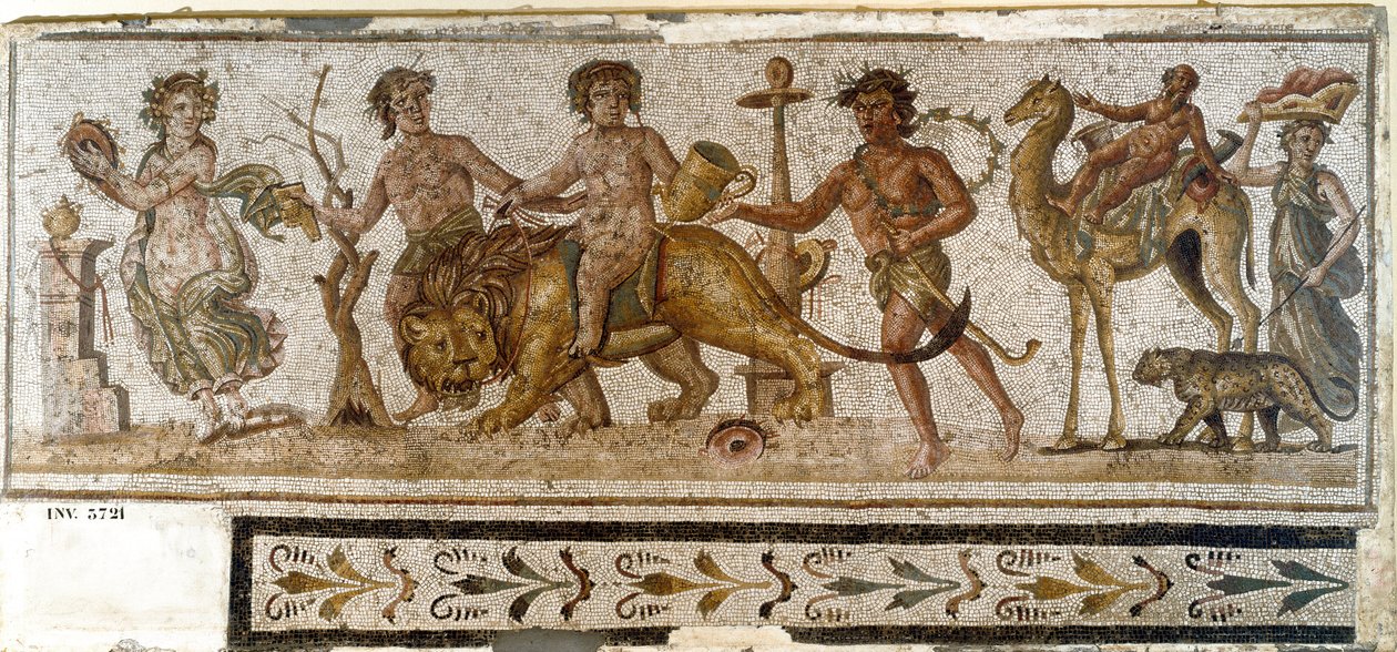Romersk antikvitet: "" Dionysian Procession""" Silene rider på en kamel, en menade spiller et instrument. Mosaik fra El Jem (Thysdrus). 3. århundrede e.Kr. El Djem (Thysdrus), arkæologisk museum af Roman