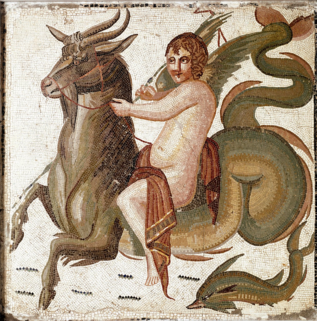Romersk kunst: "Amor rider på et havvæsen"" Mosaik fra en villa tilhørende kejser Septius Severes familie. Slutningen af 2. århundrede efter JC. Rom, Museo Nazionale Romano af Roman