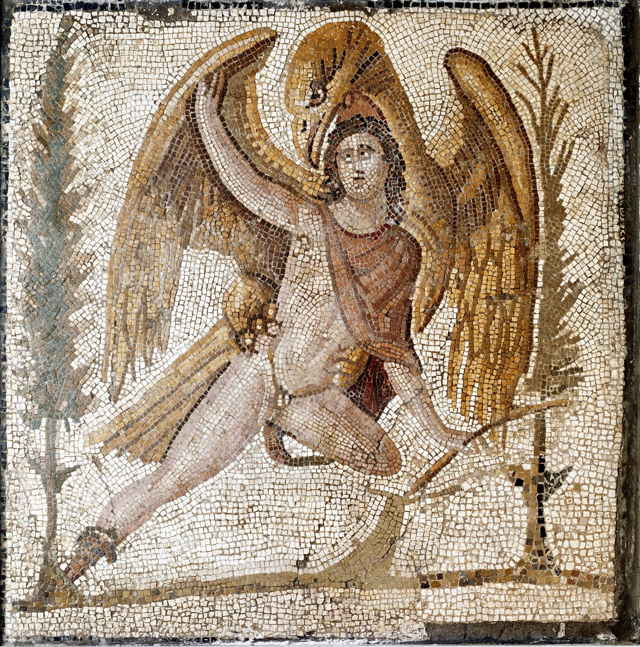Romersk kunst: "" Ganymedes er taget væk af en ørn""" Mosaik fra en villa tilhørende kejser Septius Severes familie. Slutningen af 2. århundrede efter JC. Rom, Museo Nazionale Romano af Roman