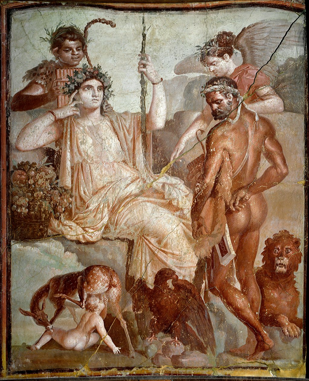Romersk kunst: "" Herakles finder sin søn Telephus (Telephus) på bjergene i Arcadia"" Romersk freskomaleri fra stedet for Herculanum (Ercolano), 70 e.Kr., Dim. 216x185 cm - Napoli, Museo Archeologico Nazionale - Herakles finder sin søn Telephus i A-bjergen af Roman