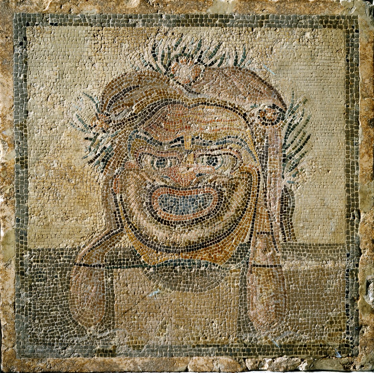 Romersk kunst: Romersk teatermaske. Mosaik fra Ampurias (Empúries). 2. århundrede e.Kr. Spanien Empurias Museum af Roman