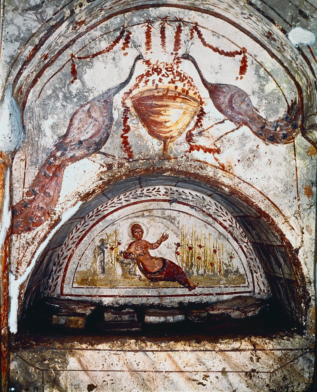 Romersk kunst: "" Døden af Cleopatre, dronning af Egypten, stikker sig selv"" Fresco fra det 4. århundrede. Katakomberne i via Latina, Rom - romersk kunst. Kleopatras død. Fresco, 4. århundrede e.Kr. Katakomben i Via Latina, Rom, Italien af Roman