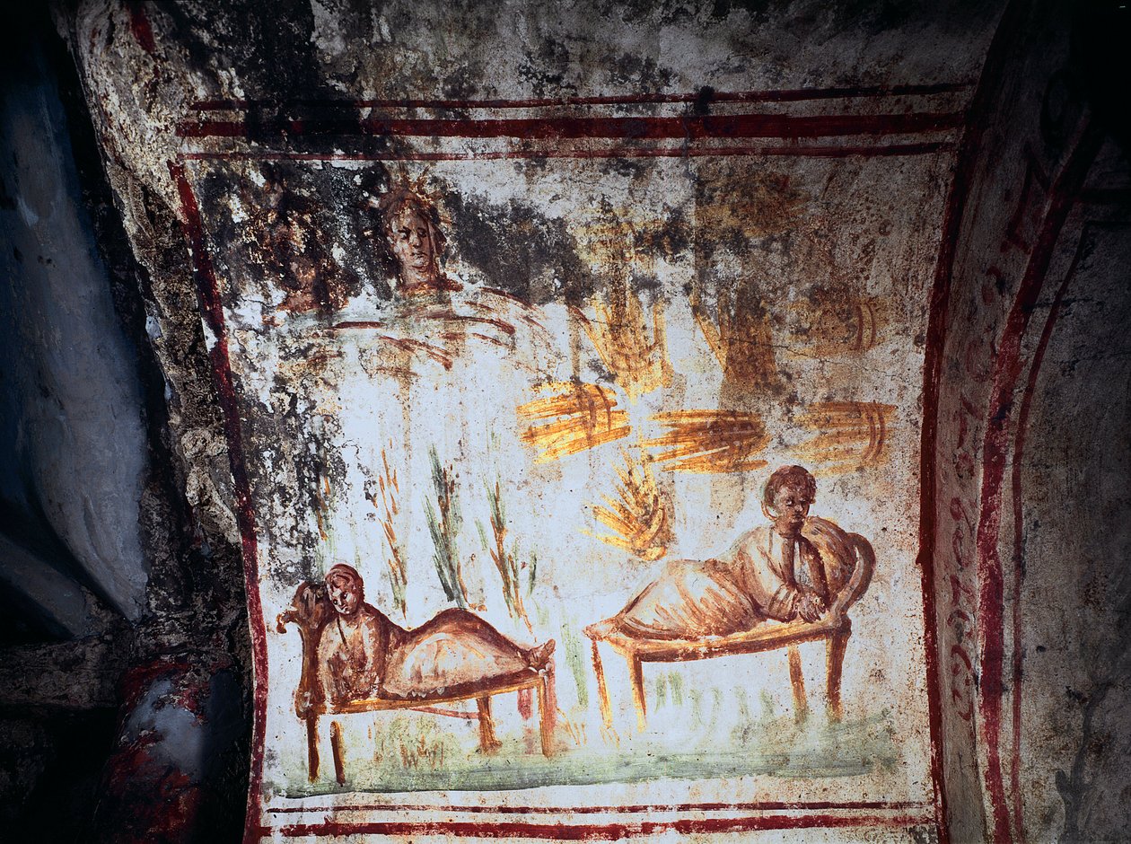 Romersk kunst: "" Josephs drømme, Jakobs søn""" Fresko fra det 4. århundrede. Katakomberne i via Latina, Rom - romersk kunst. Josefs drømme. Fresco, 4. århundrede e.Kr. Katakomben i Via Latina, Rom, Italien af Roman