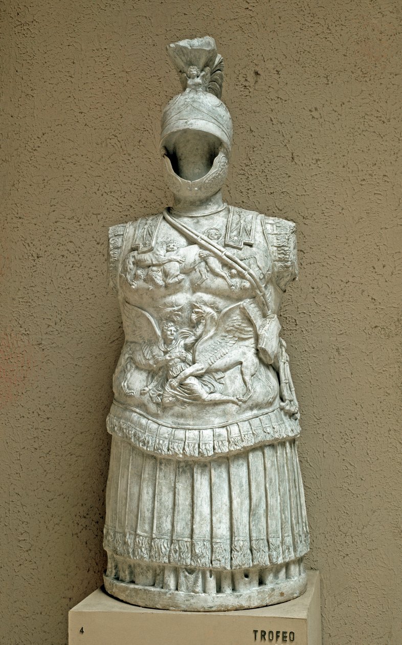 Romersk kunst: Trofæ af våben i form af paraderustning af romersk soldat fra det 1. århundrede f.Kr. Rom, museo della civilta romana af Roman