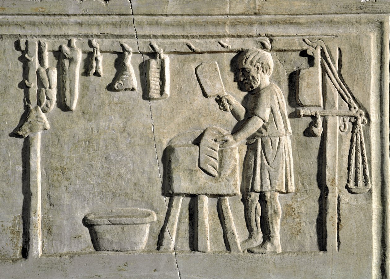 Romersk kunst: "" en slagter i sin butik"" Basrelief, romersk civilisation, 2. århundrede e.Kr., Rom, Museo della Civilta Romana - Slagter arbejder i sin butik - Stenrelief, 2. århundrede e.Kr. - Rom, Museo della Civilta Romana af Roman