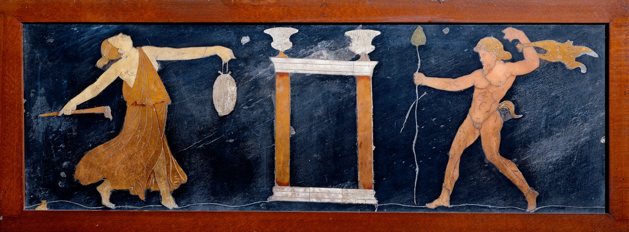 Romersk kunst: en trussel og en satyr, der danser nær et tempel. Fresko fra Casa dei Capitelli dorati i Pompei. 1. århundrede e.Kr. Napoli, Arkæologisk Museum af Roman