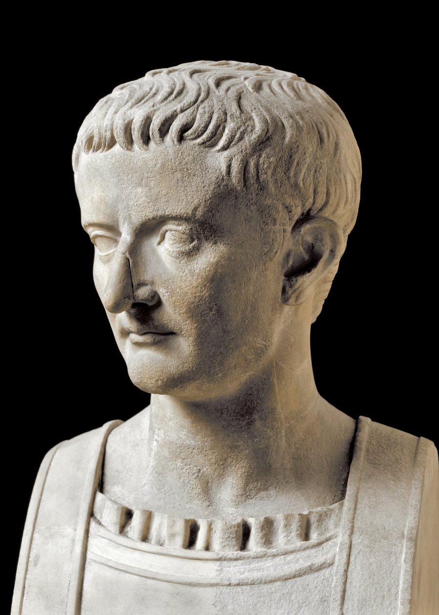Romersk kunst: marmorbuste af Tiberius (Tiberius Claudius Nero, 42 f.Kr.-37 e.Kr.), romersk kejser. Fra Ercolano (Herculaneum) 1. århundrede e.Kr. Napoli, det nationale arkæologiske museum af Roman