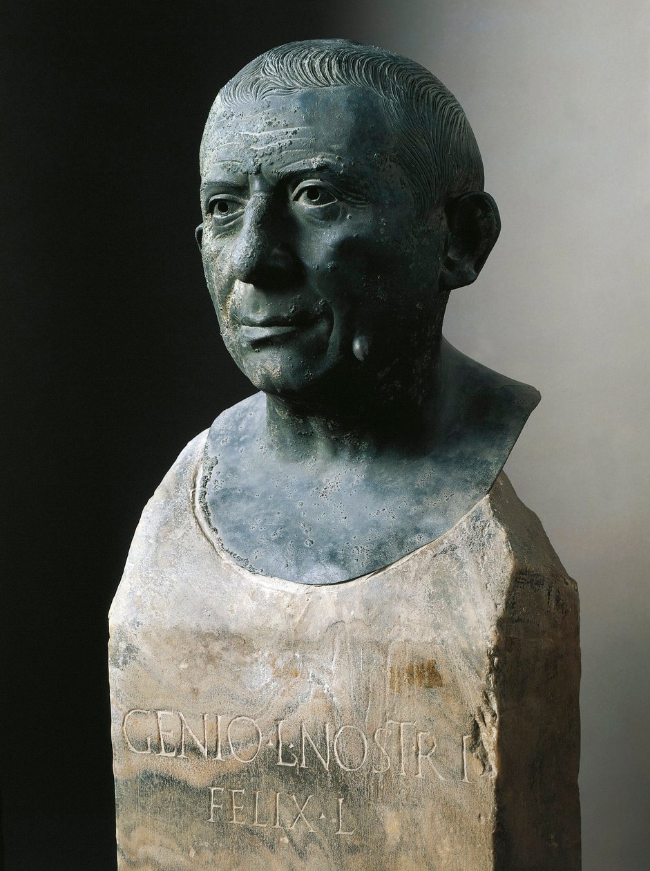 Romersk kunst: buste af bankmanden Lucius Caecilius Iucundus (cirka 20-69 e.Kr.) Bronzeskulptur. 1. århundrede e.Kr Fra Pompeji. Napoli, det nationale arkæologiske museum af Roman