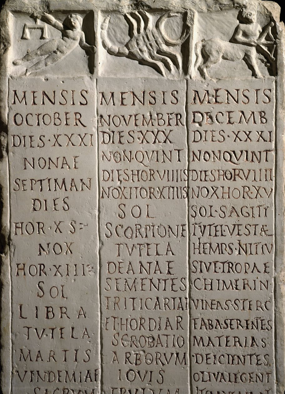 Romersk kunst: kalender fra Champs de Mars (campo marte) med angivelse af månederne (oktober, november, december), dagene med stjernebillederne og stjernetegnene (Vægten, Skorpionen, Skytten) og det tilsvarende landbrugsarbejde. 1. århundrede f.Kr.-1s af Roman