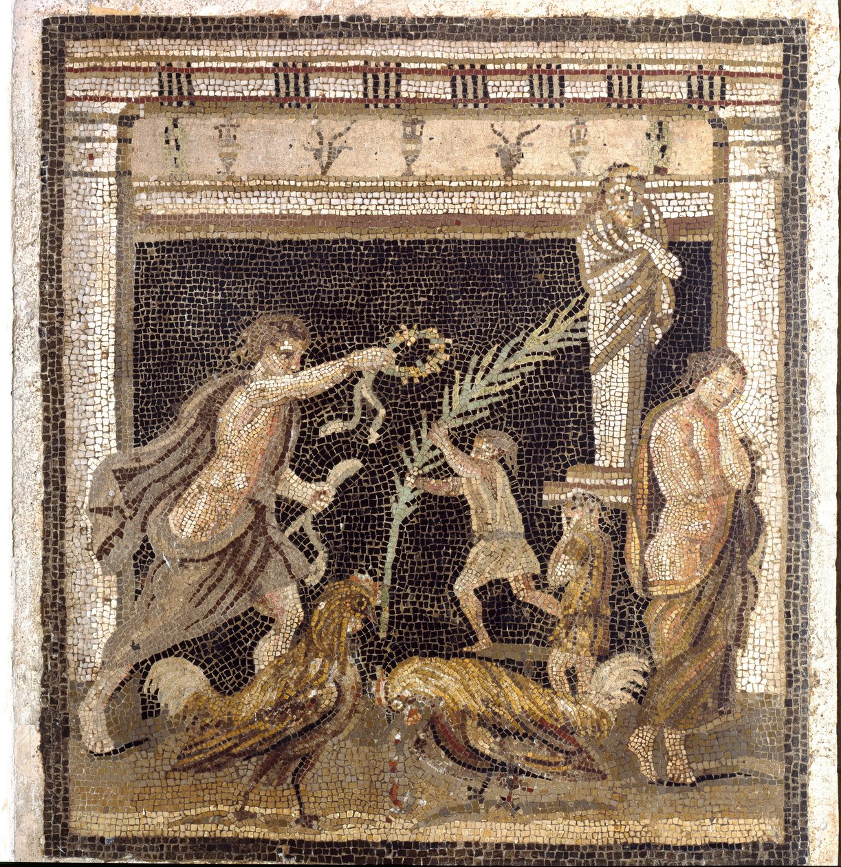 Romersk kunst: hanekamp i en palestra i nærværelse af personifikationerne af nederlag og sejr. Mosaik fra Villa du Labyrinth i Pompei. 2. stil. Svag. 46x42 cm Museo Archeologico Nazionale, Napoli af Roman