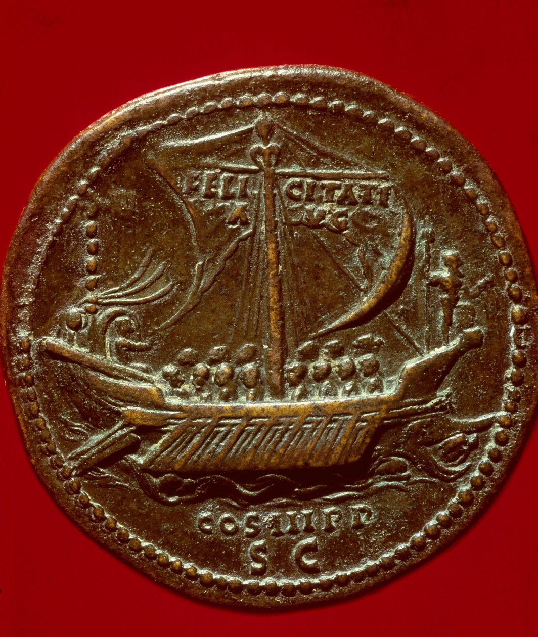 Romersk kunst: mønt af kejser Hadrian (eller Adrien) (76-138 e.Kr.), der repræsenterer en imperial galere. 119 e.Kr. Paris, B.N. af Roman