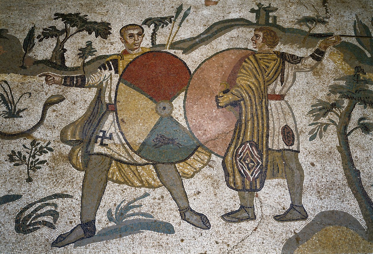 Romersk kunst: detalje af mosaikken "" Den store jagtdel"" Jægers våben af store skjolde. 315-350 e.Kr. Piazza Armerina, Villa Romana del Casale af Roman
