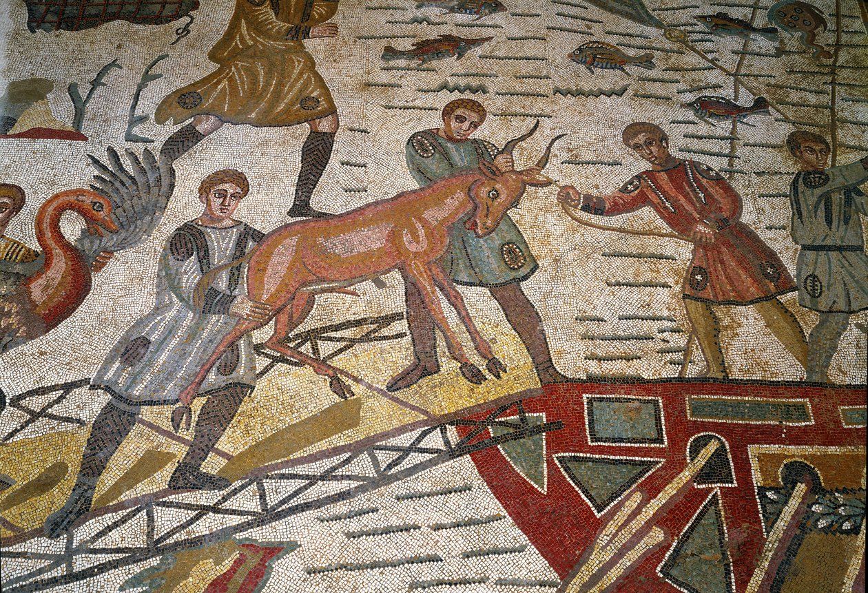 Romersk kunst: detalje af mosaikken "" Den vigtigste jagtdel"" Gazeller lastes på skibe. 315-350 e.Kr. Piazza Armerina, Villa Romana del Casale af Roman
