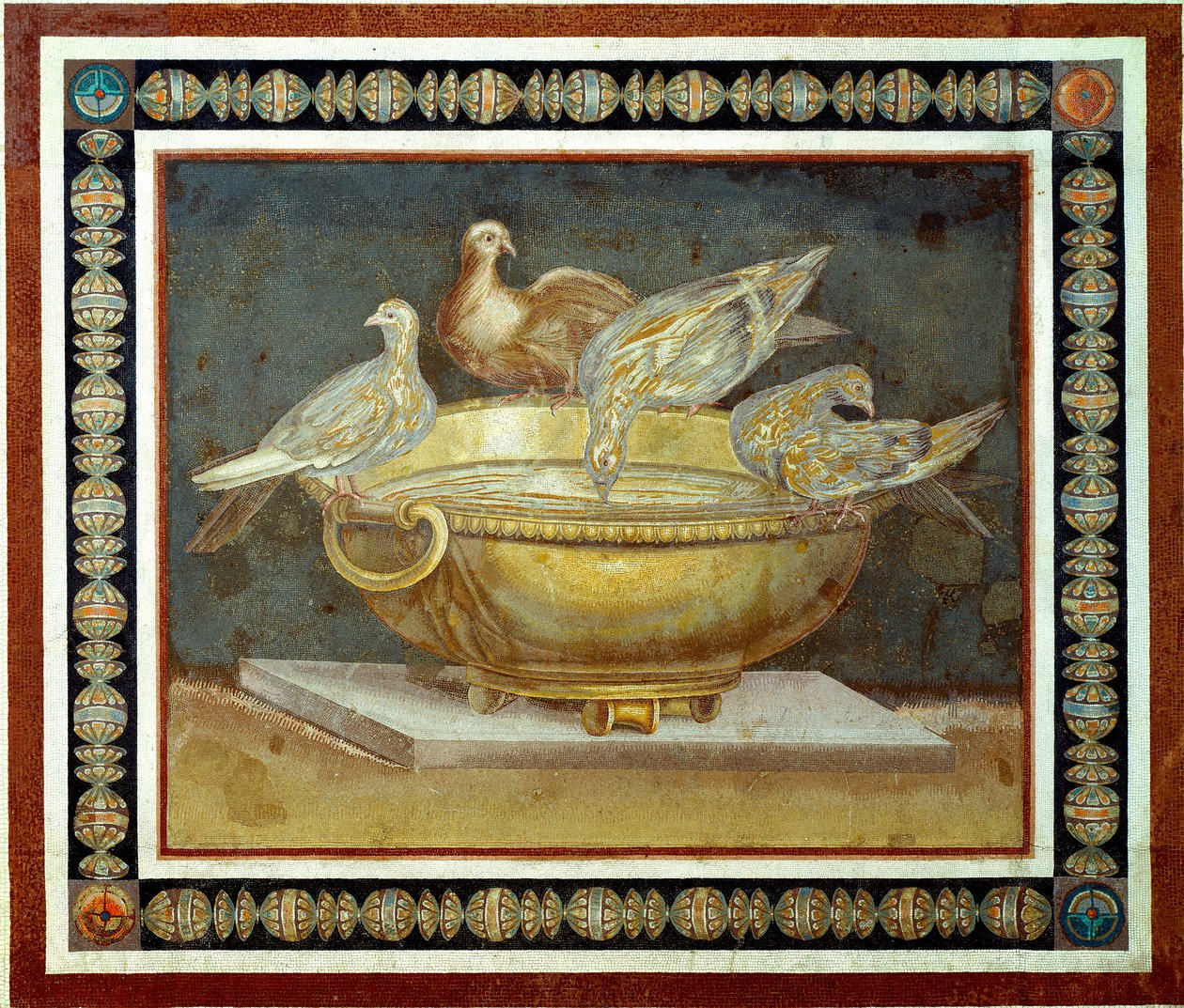 Romersk kunst: fire duer, der drikker et springvand. Mosaik kommer fra Villa Adriana (Villa d