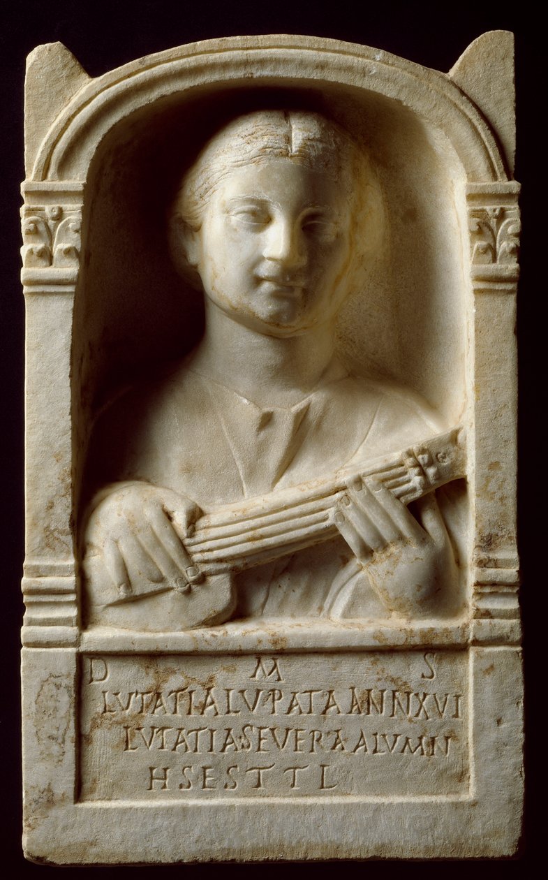 Romersk kunst: begravelsesstele af en kvinde kaldet "Lutatia Lupata", som døde i en alder af 16 som et musikinstrument. 2. århundrede e.Kr. Nationalmuseet for romersk kunst, Merida, Spanien af Roman