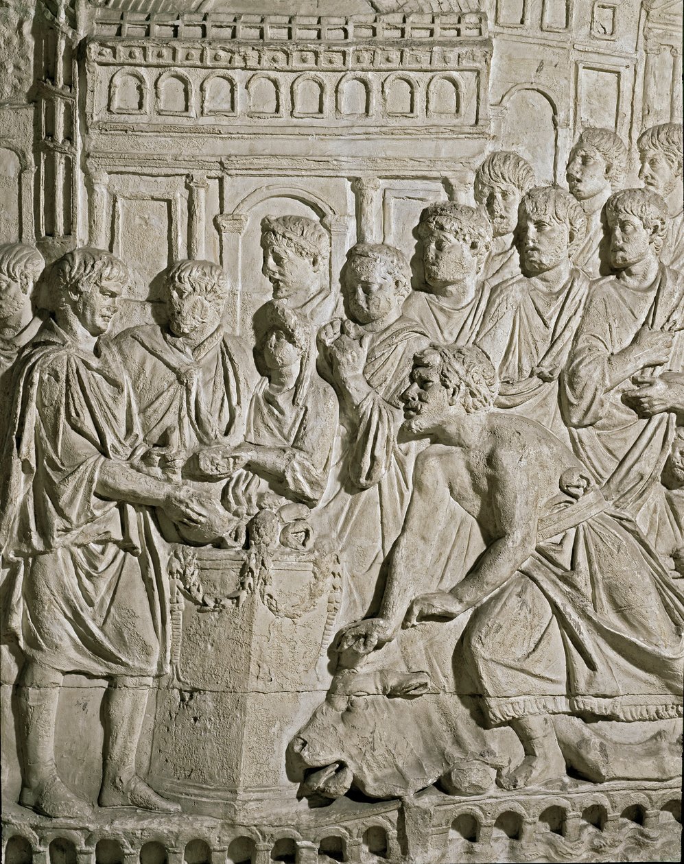 Romersk kunst: lavrelief, der repræsenterer Sarmat-borgere, der hylder romerne. Fra reliefferne af Marc-Aureles søjle (Marx Aurele). 2. århundrede e.Kr. Rom, Museo della Civilta Romana af Roman