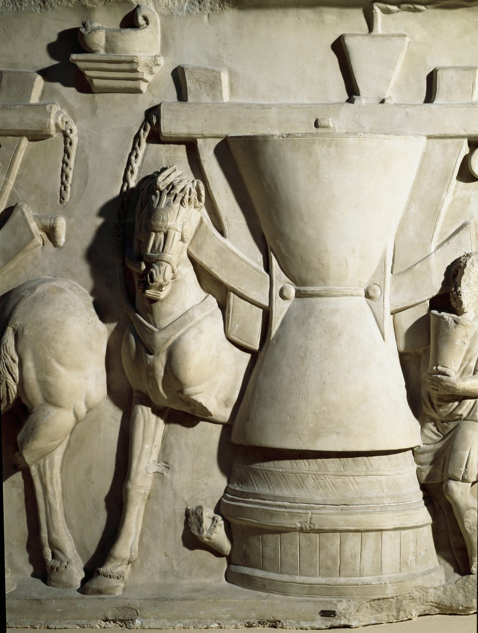 Romersk kunst: lavrelief, der repræsenterer et møllehjul. 1. århundrede e.Kr. Rom Museo della Civilta Romana af Roman