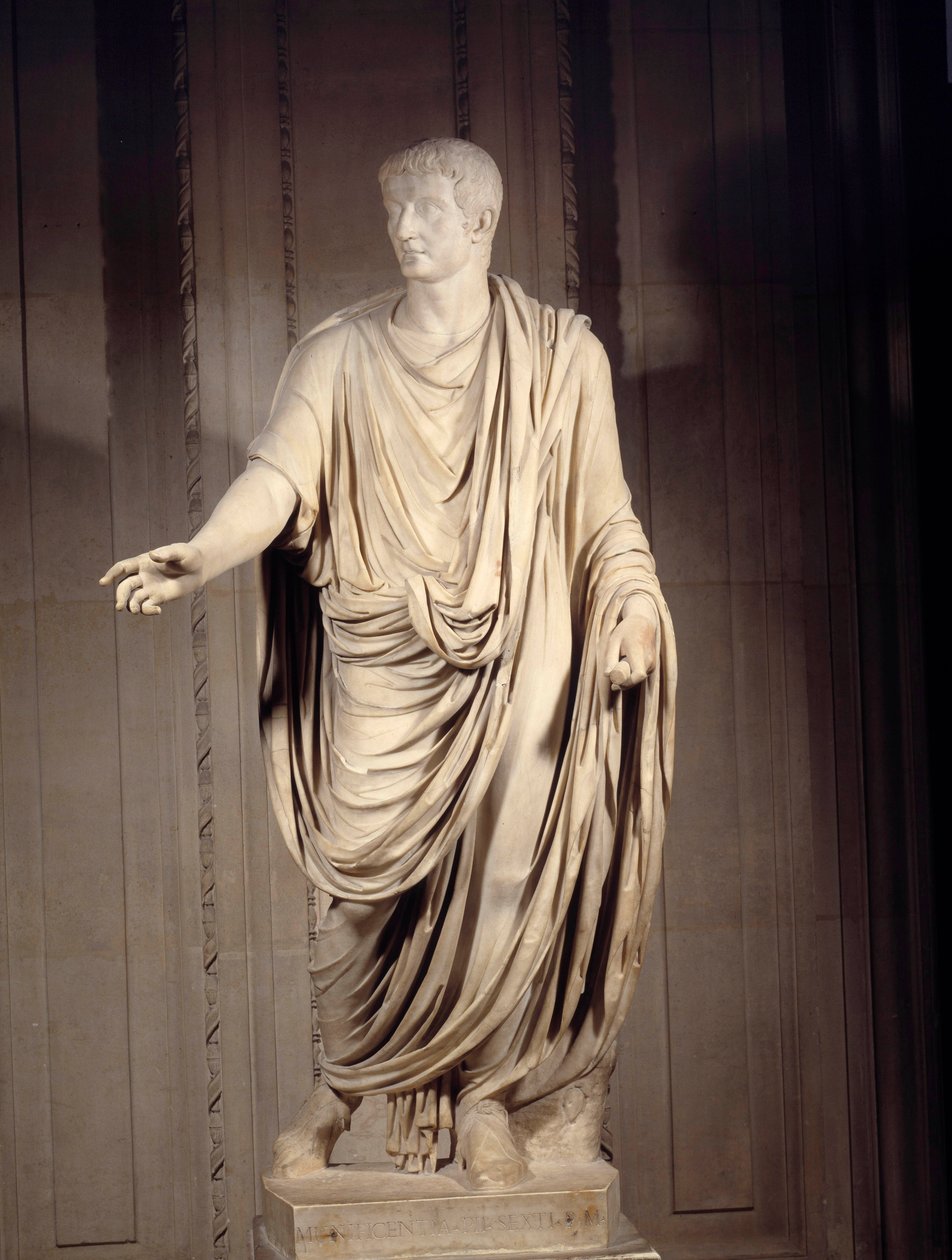 Romersk kunst: marmorstatue af kejser Tibere (Tiberio Claudio Nerone, 42 f.Kr.-37 e.Kr.), romersk kejser. søn 2 m. Paris, Louvre-museet af Roman