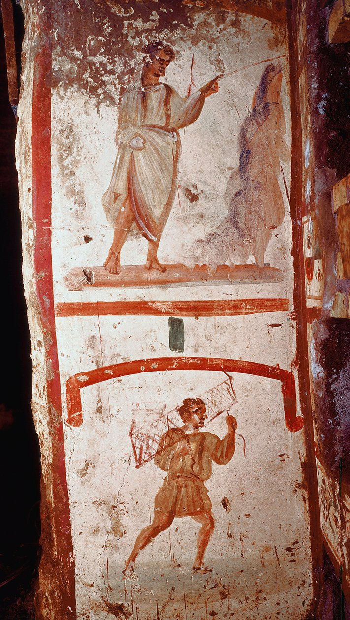 Romersk kunst: mirakel af kilden og mirakel af de lammedes krig. Fresker. Slutningen af det 3. århundrede efter JC. Rom, katakomberne i San Marcellino og Pietro (Peter og Marcellin) - romersk kunst. Kildens mirakel og den lammedes bedring. Fr af Roman