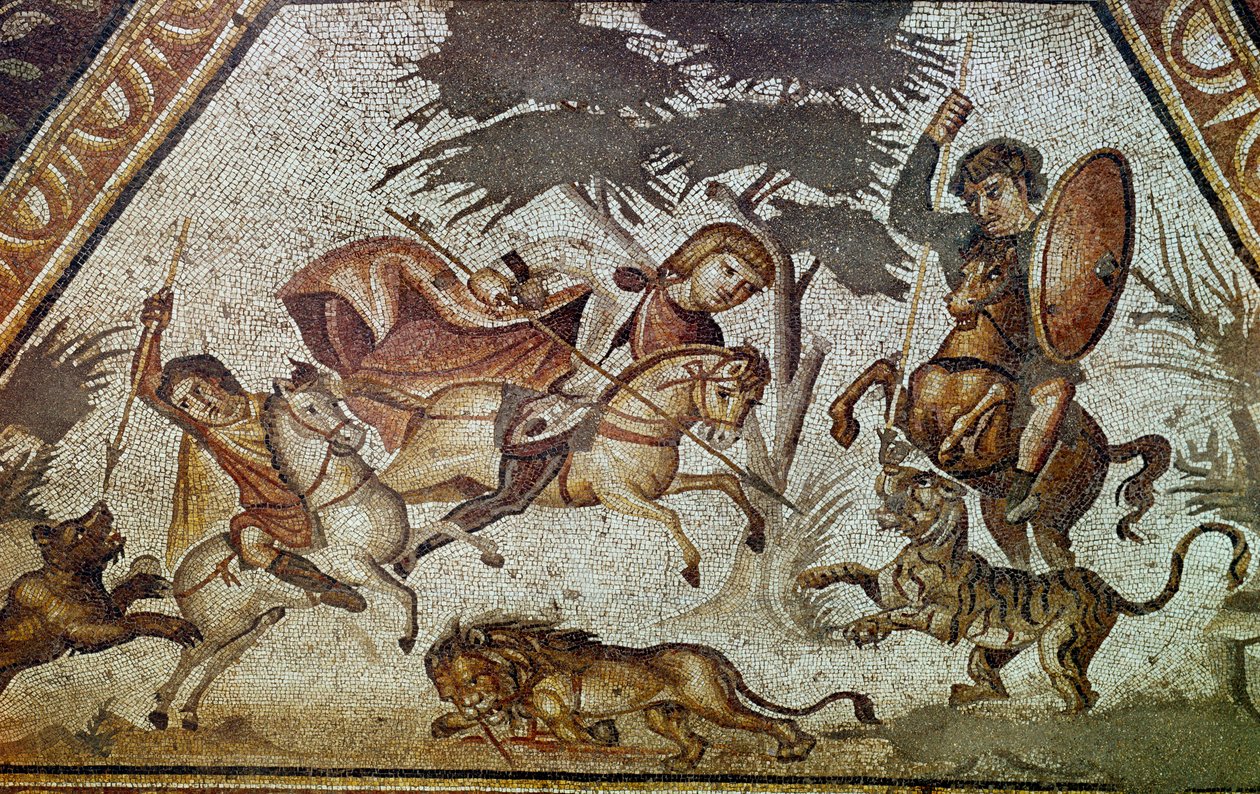 Romersk kunst: mosaik af årstiderne fra gården til den konstantinske villa "" Daphne"". Detalje, der viser en scene med løve- og tigerjagt. Fra Faubourg i Antioche-sur-l