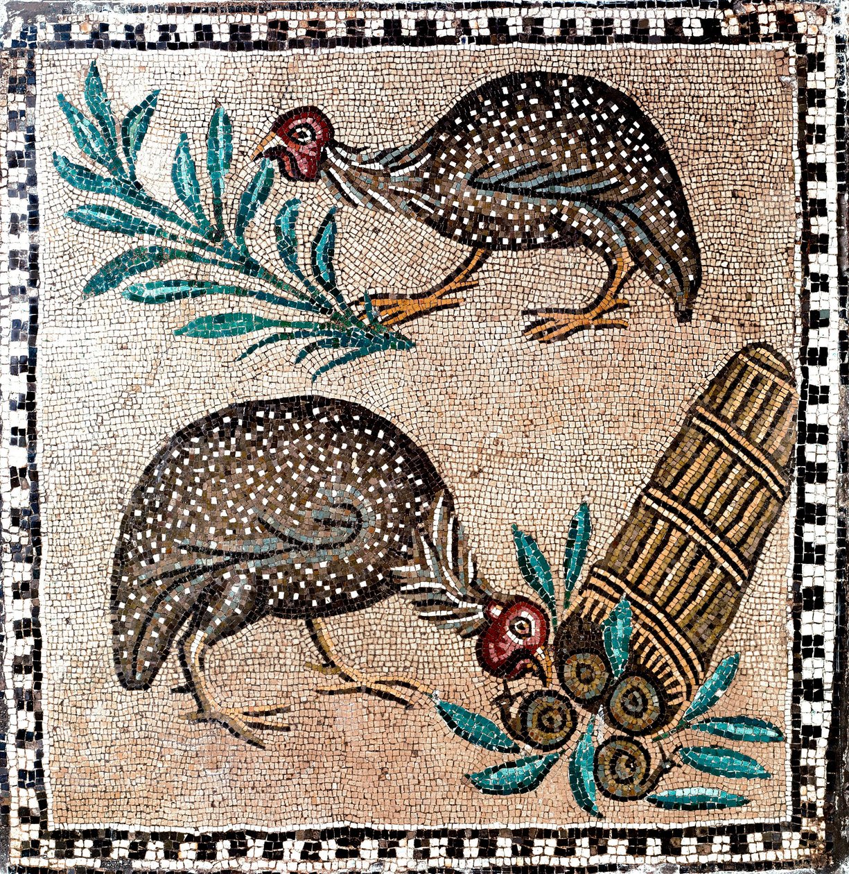 Romersk kunst: mosaik, der repræsenterer perlehøns. 1. eller 2. århundrede f.Kr. Rom, National Roman Museum - Romersk kunst: Perlehøns mosaik. 1. eller 2. århundrede f.Kr. Romano Nationalmuseum, Rom, Italien af Roman