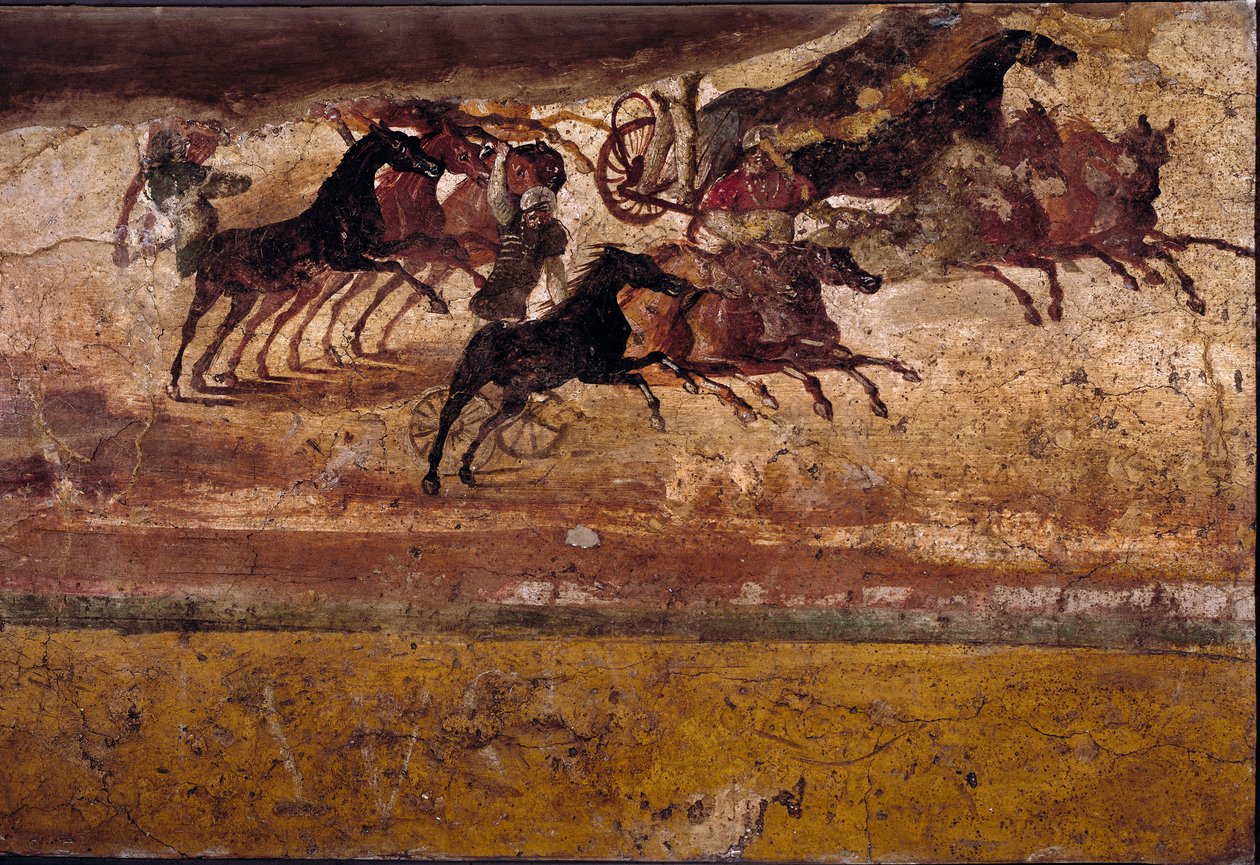 Romersk kunst: quadrigers race. Frisk fra villaen i quadrige. 4. stil, Pompeji.Napoli, Nationalt Arkæologisk Museum af Roman