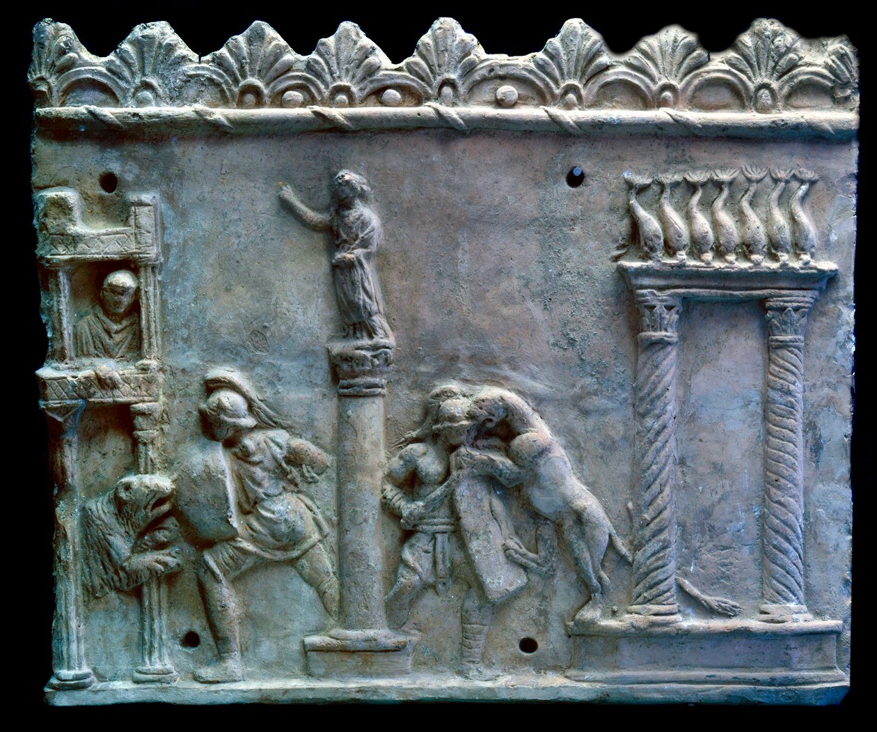 Romersk kunst: scene for kamp af gladiatorer mod udyr eller venatio. 1. århundrede f.Kr. Genève, museum for kunst og historie af Roman
