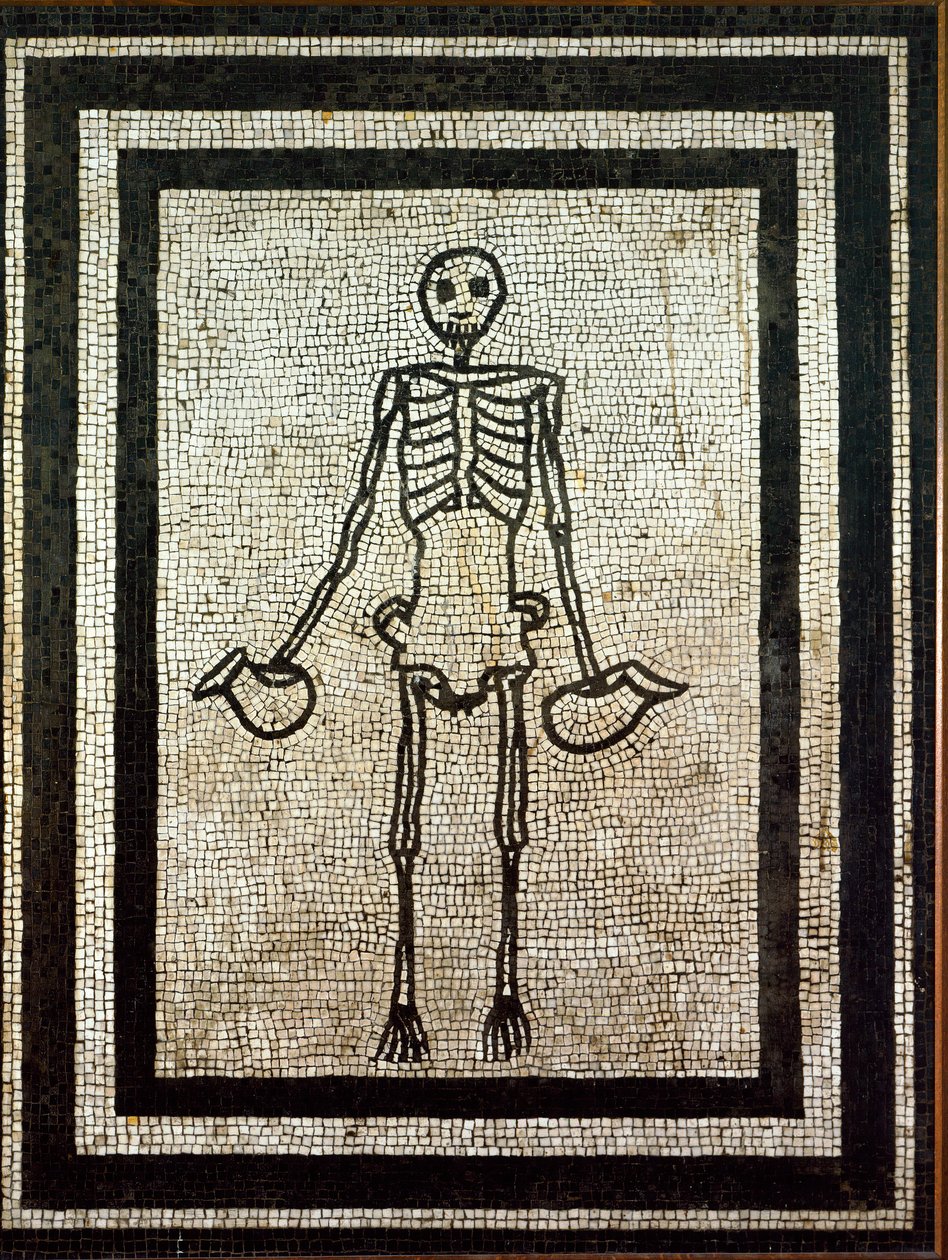 Romersk kunst: skelet med to kander. Mosaik fra det 1. århundrede. Napoli, museo nazionale archeologico - romersk kunst: skelet med to kander. Mosaik fra det 1. århundrede fra Pompeji. Nationalt arkæologisk museum, Napoli, Italien af Roman