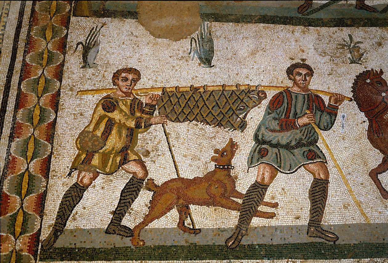Romersk kunst: to slaver bærer en orne. Detalje af mosaik af "" Det lille jagtselskab"" 315-350 e.Kr. Piazza Armerina, Villa Romana del Casale af Roman
