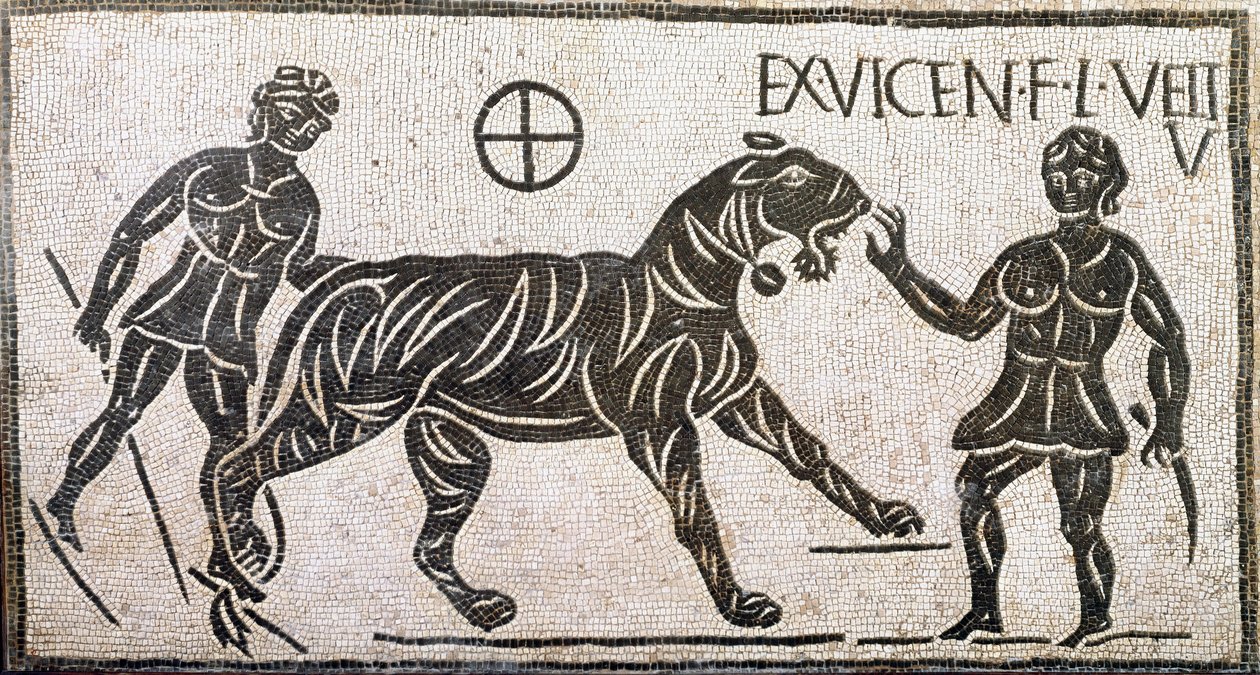 Romersk kunst: "" to kvinder, der tæmmer en tiger""" Mosaik fra Castro pretorio i Rom. 1. århundrede e.Kr. Rom, Museo Nazionale Romano af Roman