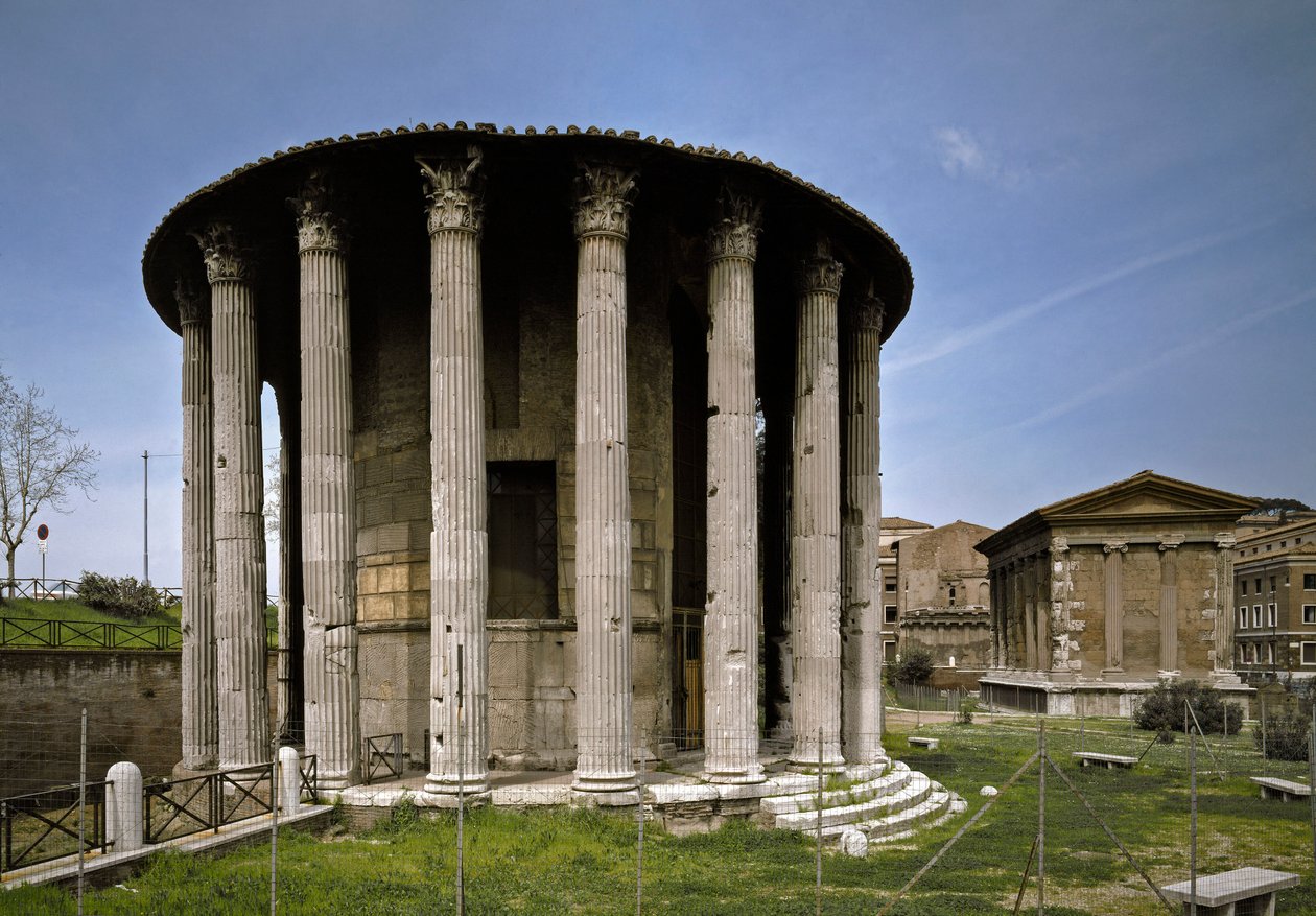 Romersk kunst: udsigt over Hercules Victors tempel i Boarium-forum (Foro Boario) 213 f.Kr. Rom, Italien af Roman