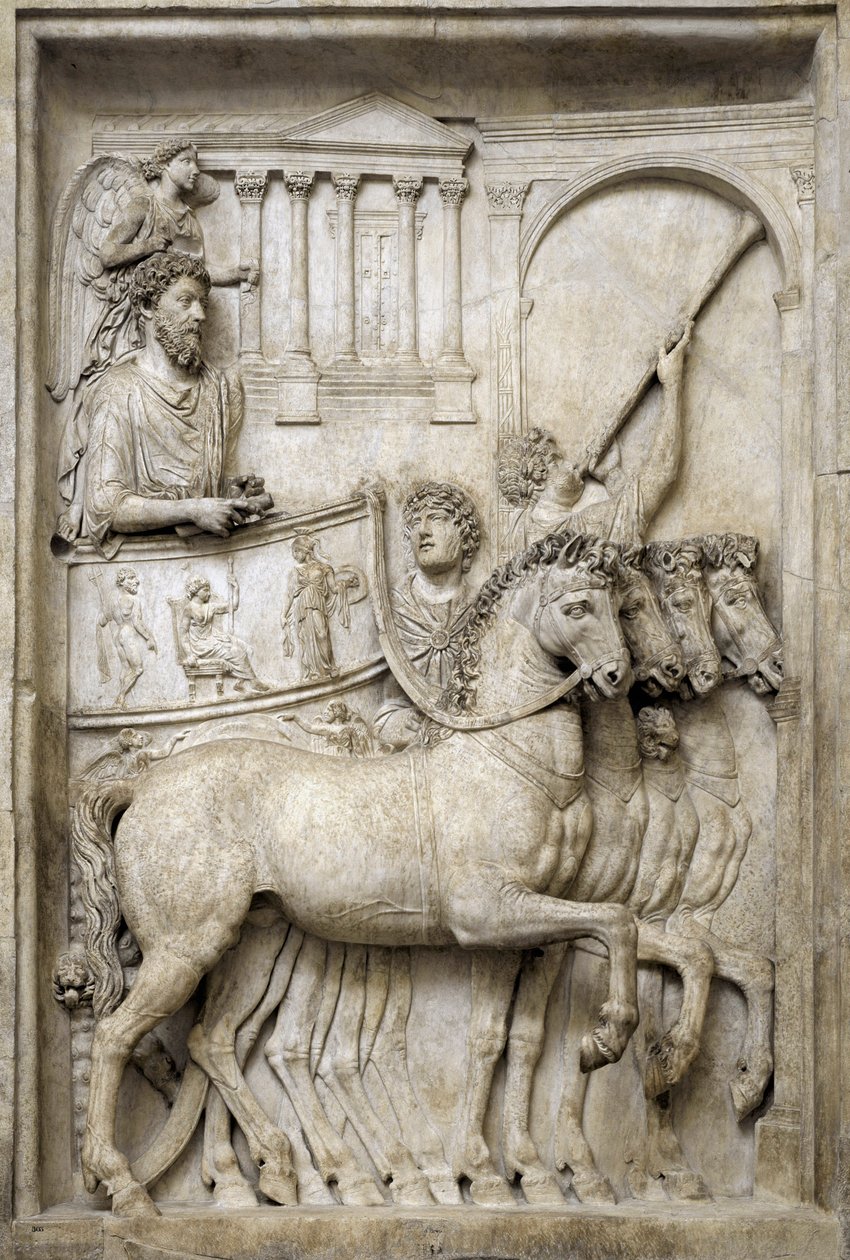 Romersk kejser Marcus Aurelius på sin triumfvogn, 2. århundrede (marmorrelief) af Roman