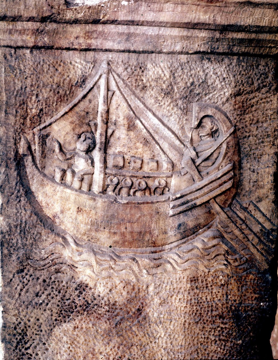 romersk transportskib. Lavt relief fra det 2. århundrede AD JC Roman National Museum af Roman