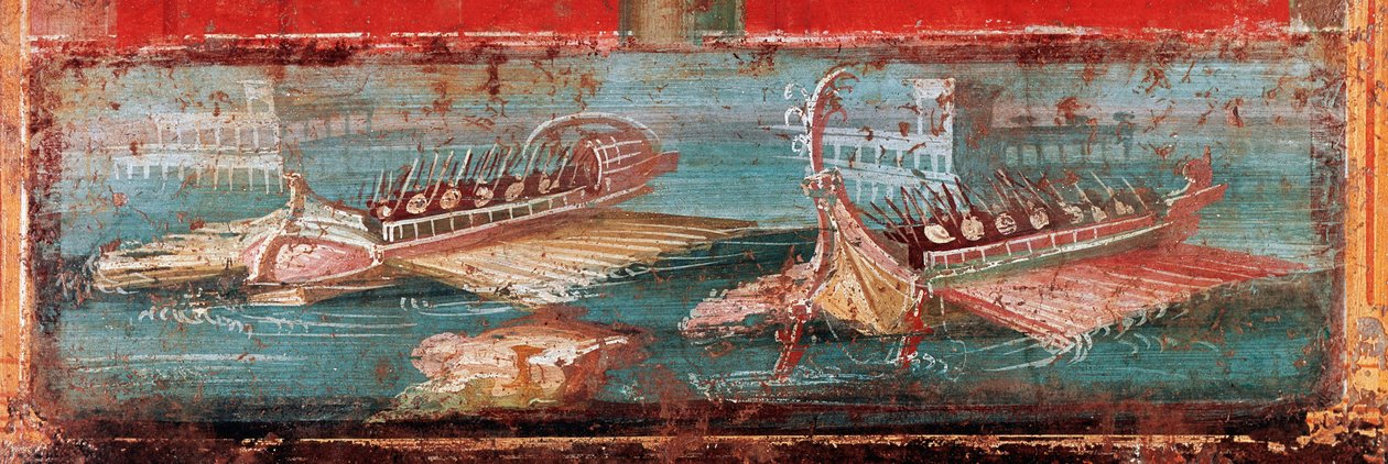 Romerske krigsskibe ved indsejlingen til en havn (fresco af Roman