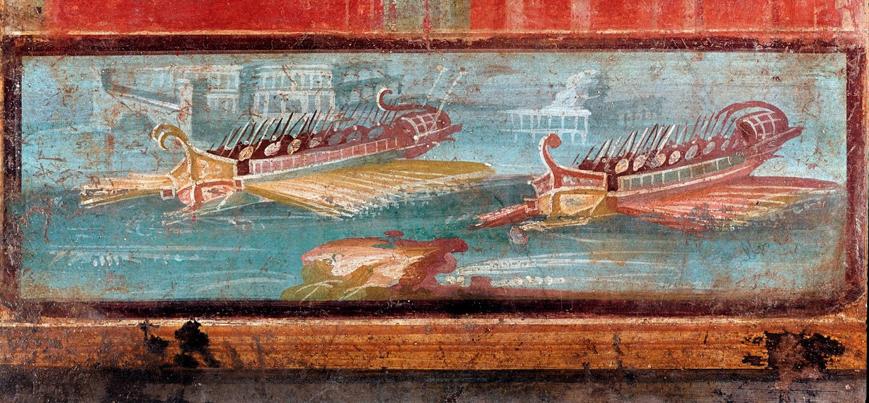Romerske krigsskibe ved indsejlingen til en havn (fresco af Roman