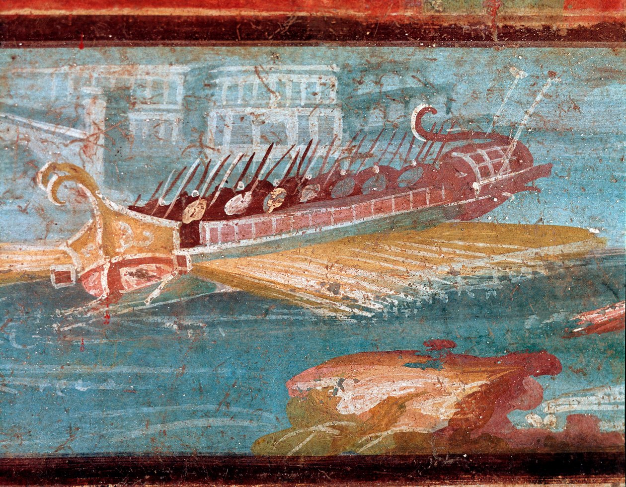 Romerske krigsskibe ved indgangen til en havn (fresco af Roman